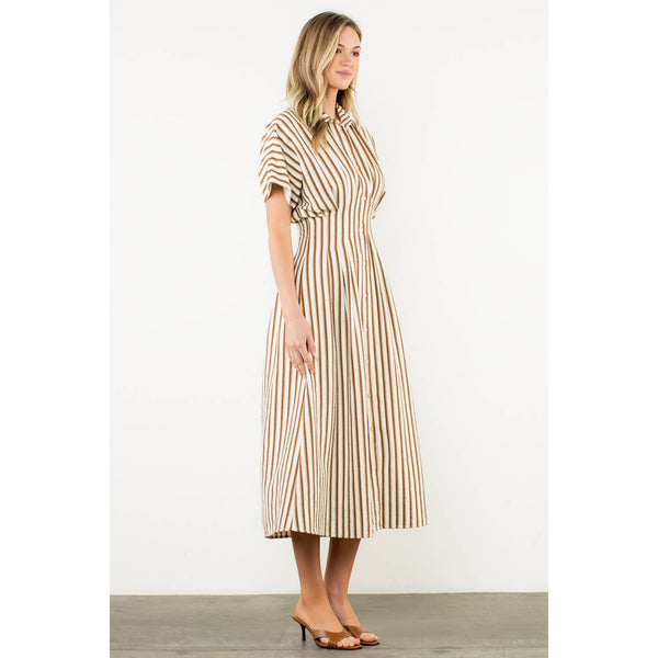 Striped Pintuck Button-Up Maxi Dress: BROWN / XS-S-M-L(1-2-2-1) - Lulu Bella Boutique
