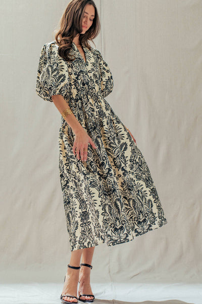 Botanical Puff Sleeve Cotton Midi Dress: IVORY BLACK / S-M-L:2-2-2 - Lulu Bella Boutique