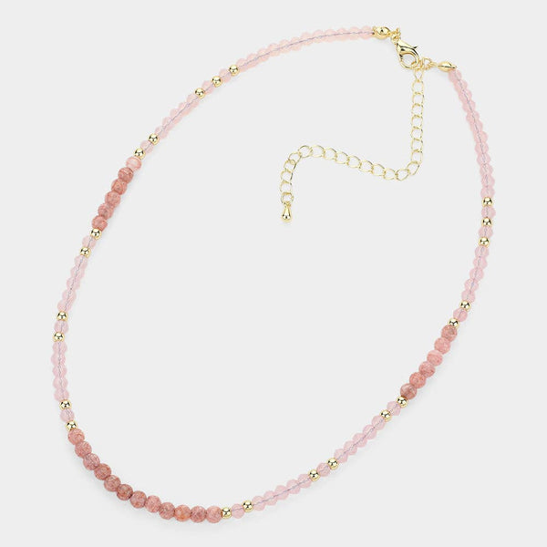 Natural Stone Metal Ball Faceted Beaded Choker Necklace: CORAL - Lulu Bella Boutique