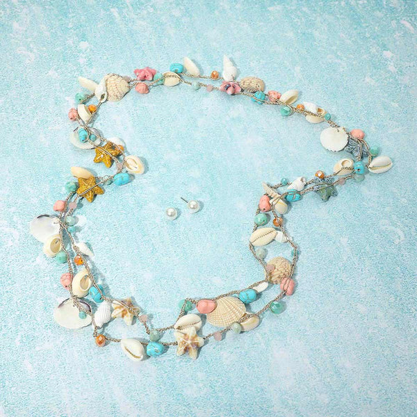 Seashell Starfish Natural Stone Charm Station Layered Statement Long Necklace - Lulu Bella Boutique