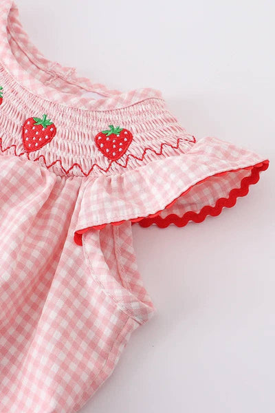 Baby Girls Strawberry Plaid Smocked Romper: 6M - Lulu Bella Boutique