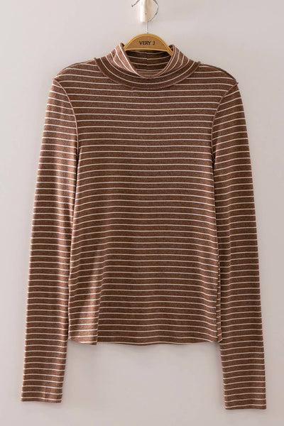 Striped Mock Neck Long Sleeve Top: MOCHA