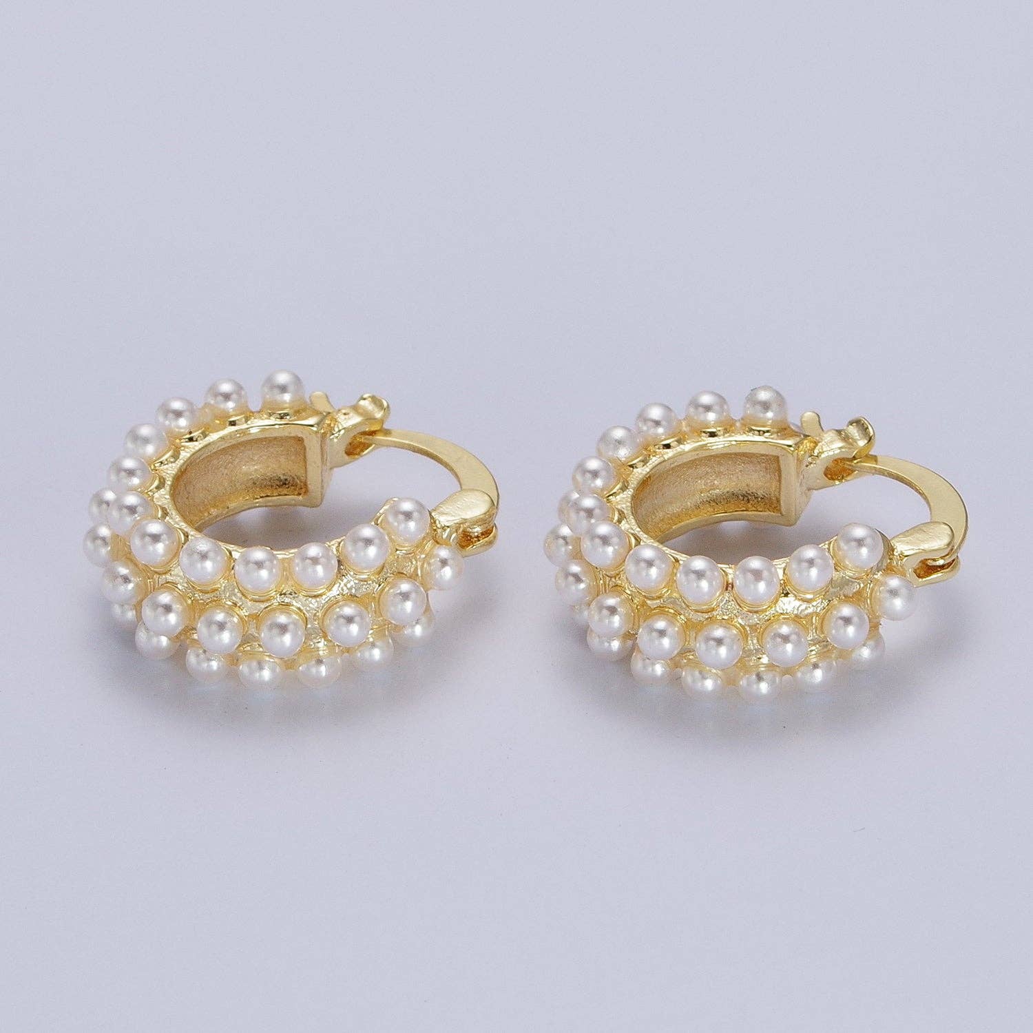 Triple White Round Pearl Lined 21mm Gold Hoop Latch Earrings | T020