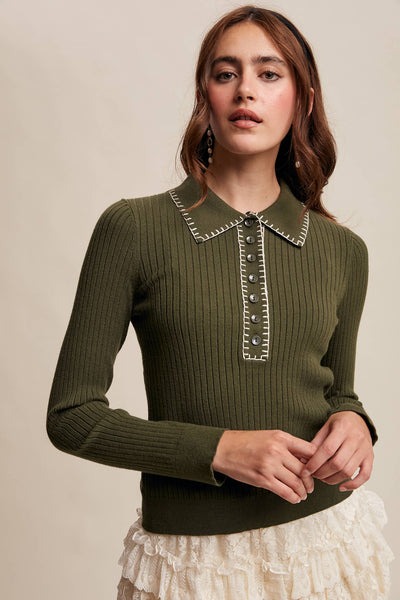 Contrast Stitch Ribbed Knit Top : Dark Olive