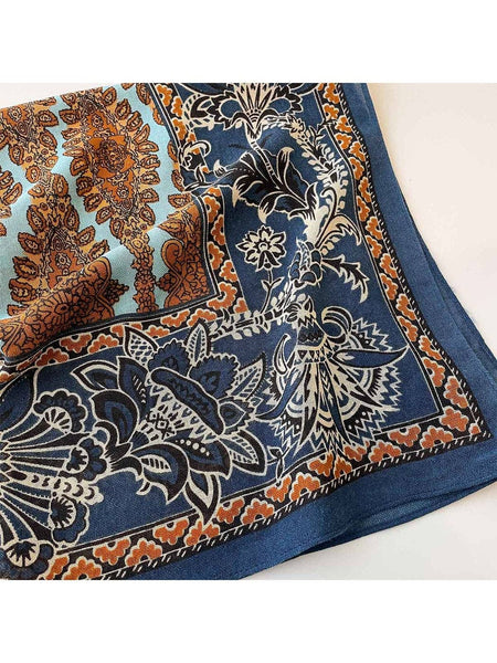 Retro Floral Print Tassel Square Scarf: Navy