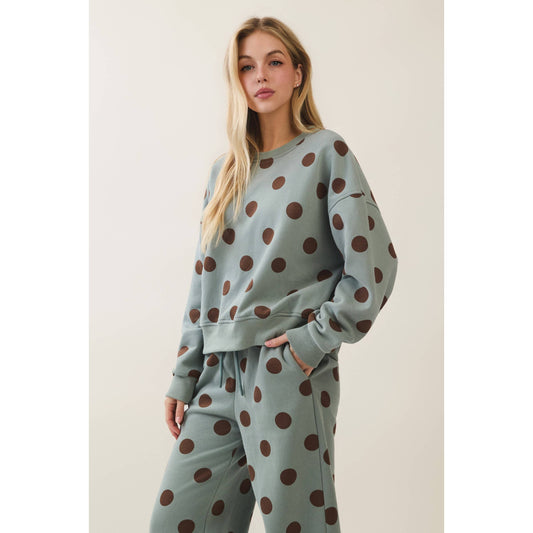 Polka Dot Crew Neck Sweatshirt: Sage/Brown