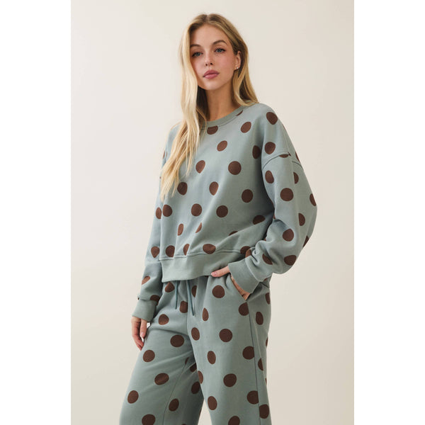 Polka Dot Crew Neck Sweatshirt: Sage/Brown