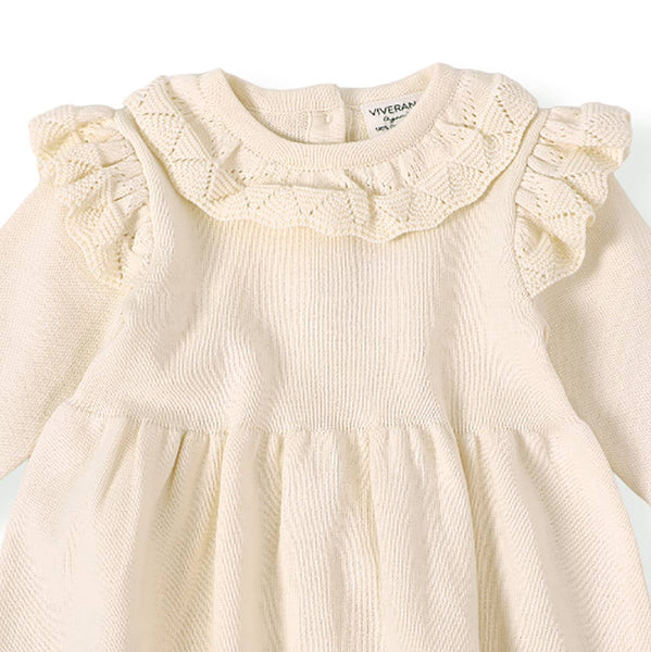 Milan Ruffle Collar Pointelle Knit Baby Dress - Organic: Cream