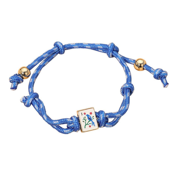 Mahjong Tile Charm Accent Knotted Cord Adjustable Cinch Pull Tie Bracelet: Blue,Gold