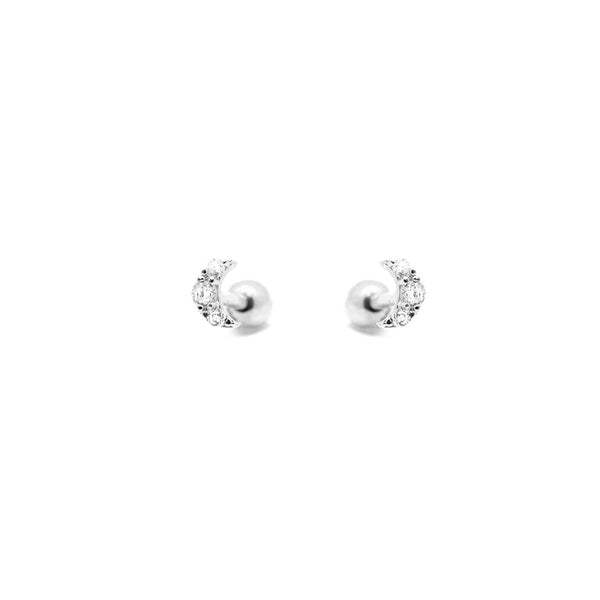 CZ Diamond Moon Screw Flat Back Earrings: Silver