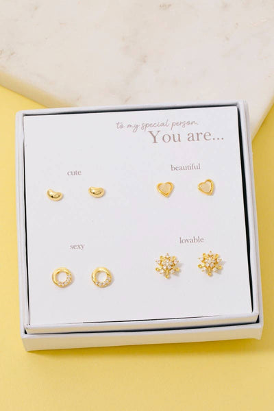 Gold Dipped Cluster And Heart Stud Earrings Set: GD - Lulu Bella Boutique