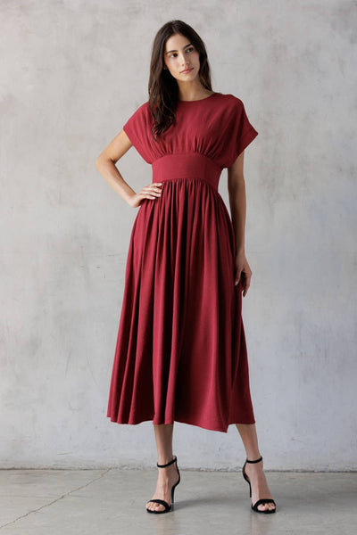 HD2706-1-ELEGANT MIDI DRESS: WINE RED / S - Lulu Bella Boutique