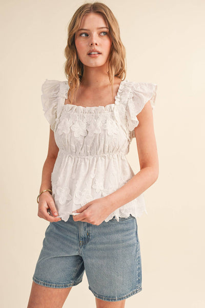 EMBROIDERED FLORAL BABYDOLL TOP MTP4861: OFF WHITE / S - Lulu Bella Boutique