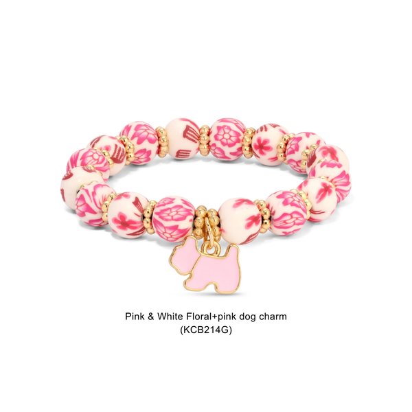 Kids Clay Beaded Stretch Charm Bracelets : Pink & Purple Floral+pink bow charm (KCB204) - Lulu Bella Boutique