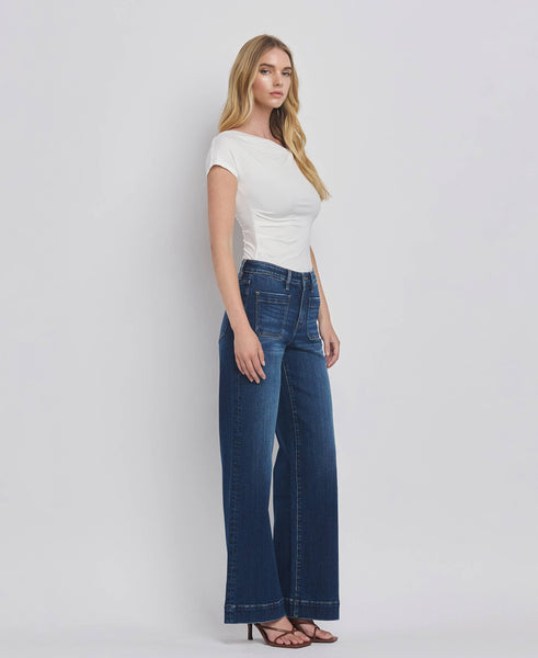 HIGH RISE PATCH POCKET TROUSER  HEM WIDE JEANS F5764D: DARK DENIM / 24 - Lulu Bella Boutique