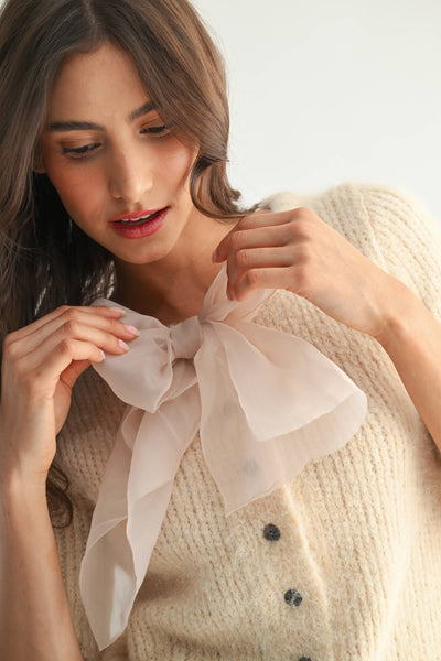 KNIT CARDIGAN WITH CHIFFON BOW - SAND