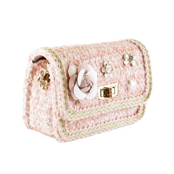 B1306A Floral Brooch Tweed Purse: Pink