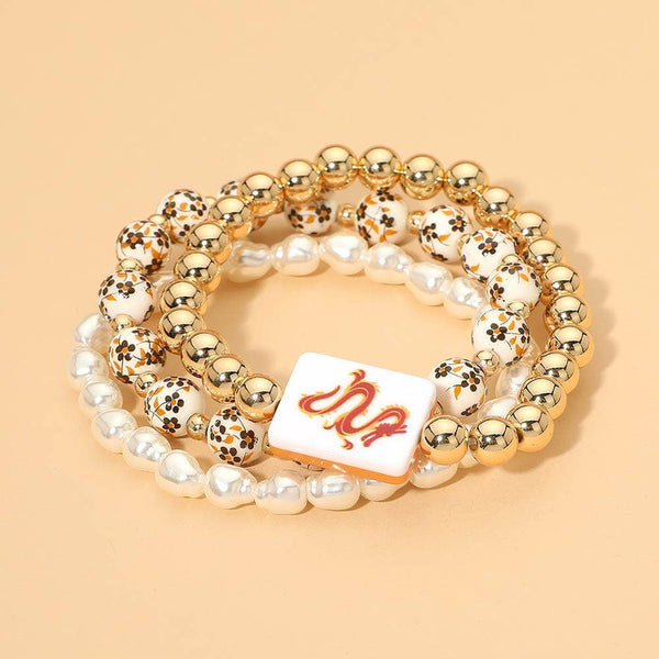 3PCS - Mahjong Charm Accent Floral Pearl Beaded Stretch Multi Layered Bracelets: Black,Gold