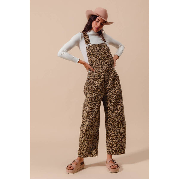 LEOPARD TWILL SLOUCHY BARREL OVERALLS