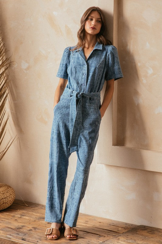 Denim Jacquard Button Front Jumpsuit