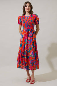 Kahlia Tropics Aruba Smocked Midi Dress: Red Multi / S - Lulu Bella Boutique