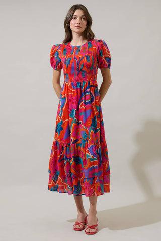 Kahlia Tropics Aruba Smocked Midi Dress: Red Multi / L