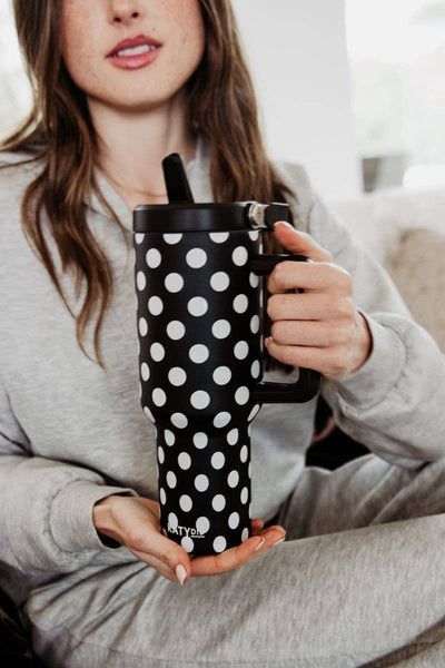Black & White Polka Dots Tumbler With Designs: Black - Lulu Bella Boutique