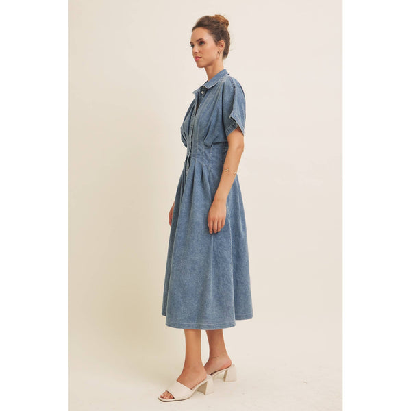 STRETCHY DENIM MIDI DRESS WITH MINERAL-WASHED: WASHED DENIM / L - Lulu Bella Boutique