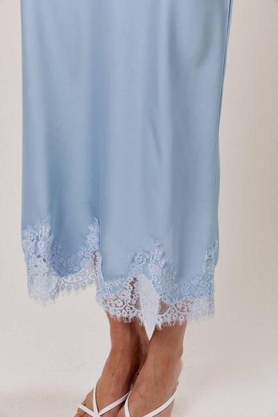 LACE APPLIQUE SATIN BIAS MIDI SKIRT: LT BLUE / S - Lulu Bella Boutique