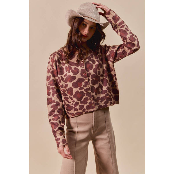 LEOPARD PRINT BUTTON UP SWEATER CARDIGAN: LEOPARD