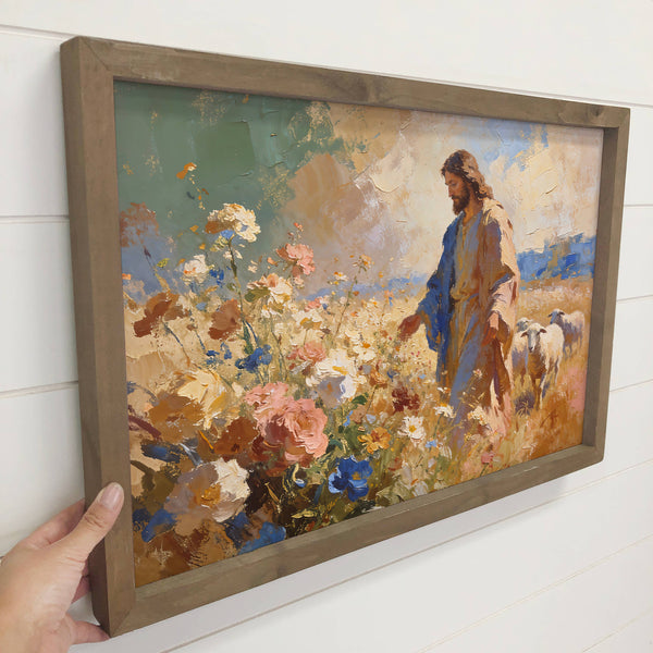 Jesus Christ Leading Sheep - Christian Home Bedroom Wall Art: 12x18" Medium Canvas Art with Thick Wood Frame