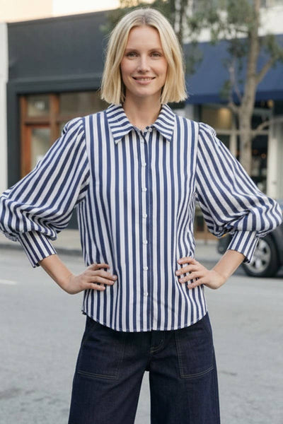 Stripe Print Collared 3/4 Balloon Sleeve Shirt VT83527: Navy / S - Lulu Bella Boutique