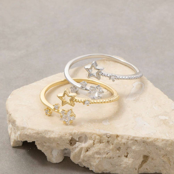 Gold Dipped Cz Double Star Open Ring