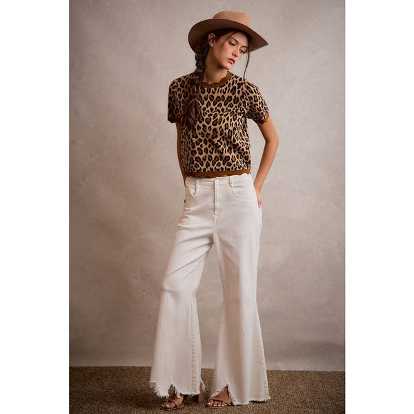 LEOPARD PRINT SHORT SLEEVES SCALLOP RIB KNIT: LEOPARD/BROWN