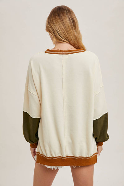 COLOR BLOCK KNIT SWEATSHIRT PULLOVER: CAMEL/OLIVE / L