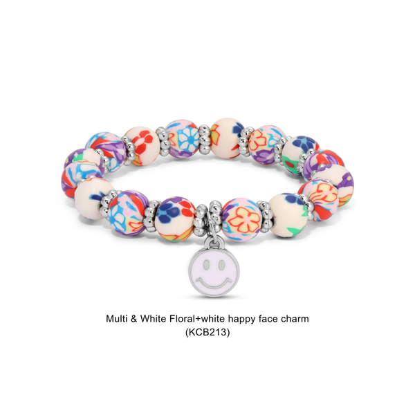 Kids Clay Beaded Stretch Charm Bracelets : Multi & White Floral+white happy face charm (KCB213) - Lulu Bella Boutique
