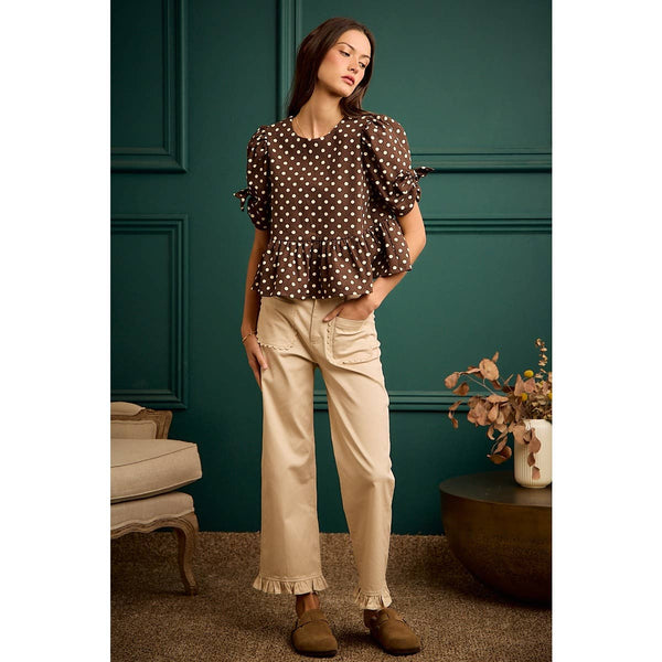 POLKA DOT BOW DETAIL SHORT SLEEVES PEPLUM TOP: BROWN/IVORY