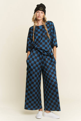RIBBED CHECKERED PRINT TOP/STRAIGHT LEG PANTS SET: TEAL/BLACK / S - Lulu Bella Boutique