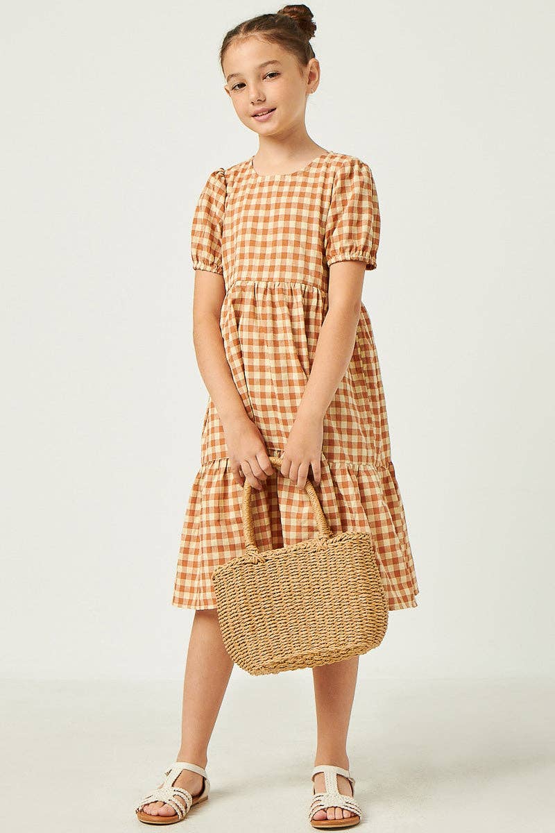 Girls Puff Sleeve Gingham Tiered Dress: Apricot