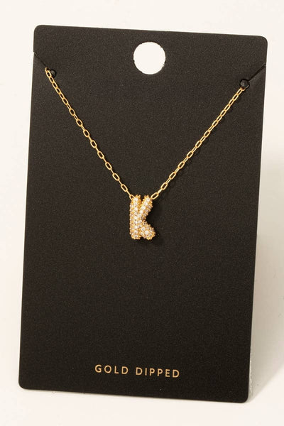 Gold Dipped Cz Pave Bubble Letter Pendant Necklace: A - Lulu Bella Boutique