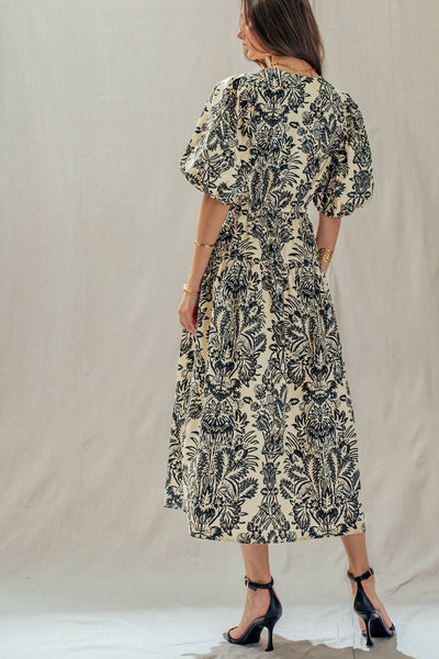 Botanical Puff Sleeve Cotton Midi Dress: IVORY BLACK / S-M-L:2-2-2 - Lulu Bella Boutique