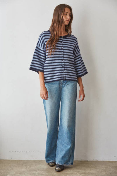 Knit Sweater Striped Quarter Sleeve Cardigan : Navy Blue