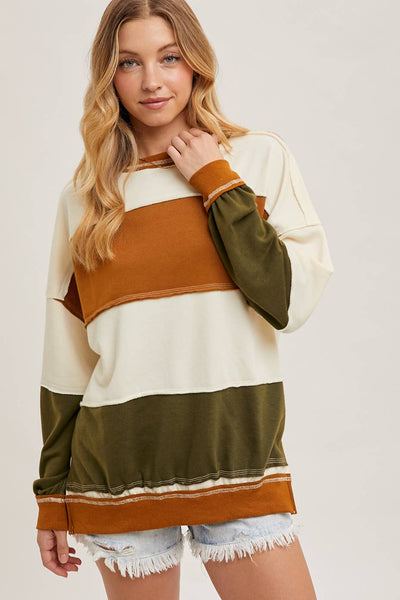 COLOR BLOCK KNIT SWEATSHIRT PULLOVER: CAMEL/OLIVE / L