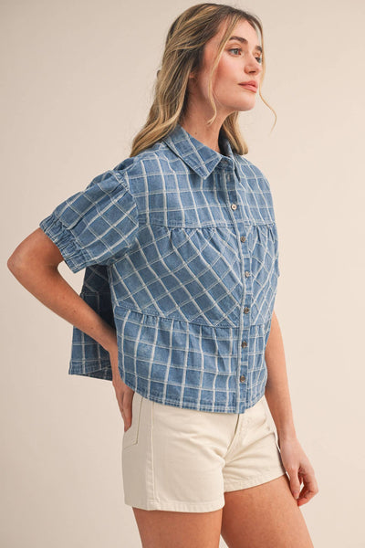 CHECKERED DENIM BUTTON DOWN TOP MTP4657: LIGHT DENIMBLUE / S - Lulu Bella Boutique