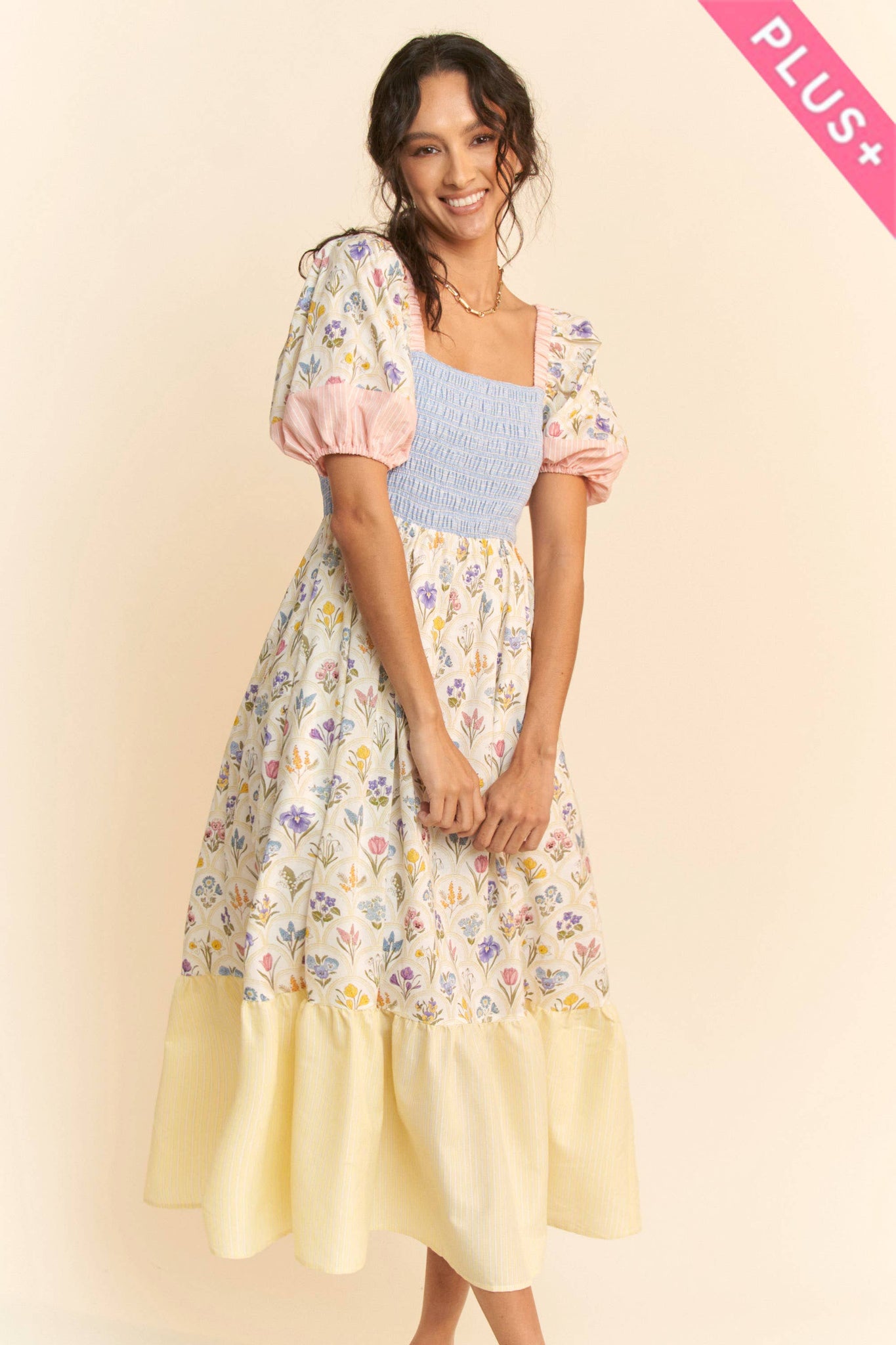 PLUS FLORAL BOUQUET PUFF SLEEVE TIERED DRESS: PASTEL YELLOW MULTI / 2XL - Lulu Bella Boutique