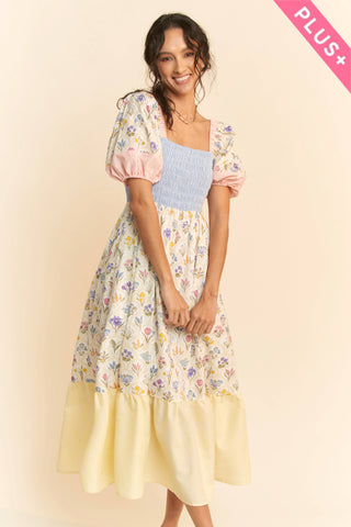 PLUS FLORAL BOUQUET PUFF SLEEVE TIERED DRESS: PASTEL YELLOW MULTI / 3XL - Lulu Bella Boutique