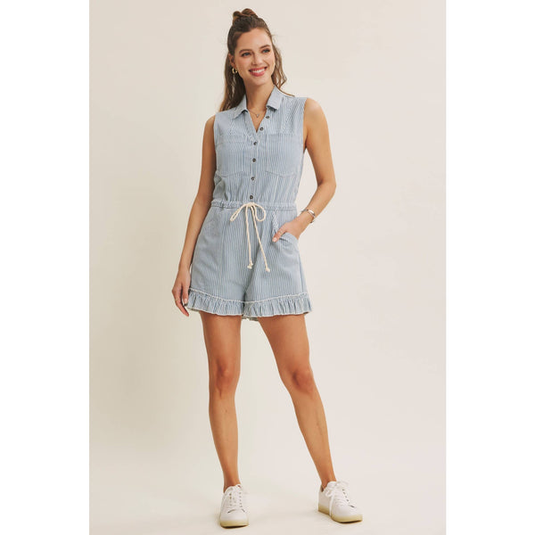 SUN-FILLED DAYS BREEZY COTTON STRIPE BUTTON-FRONT ROMPER: LT. BLUE / S - Lulu Bella Boutique