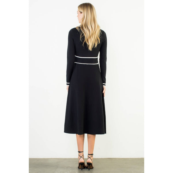 Long Sleeve Collared Knit Dress: BLACK