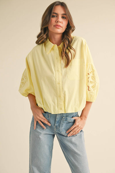 CUT OUT EMBROIDERED BUBBLE SLEEVE TOP MTP3835: LEMON / S - Lulu Bella Boutique