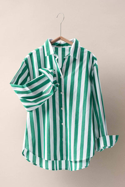 Oversized Stripe Button Down Collared Shirt: GREEN / S-2/M-2/L-2 - Lulu Bella Boutique